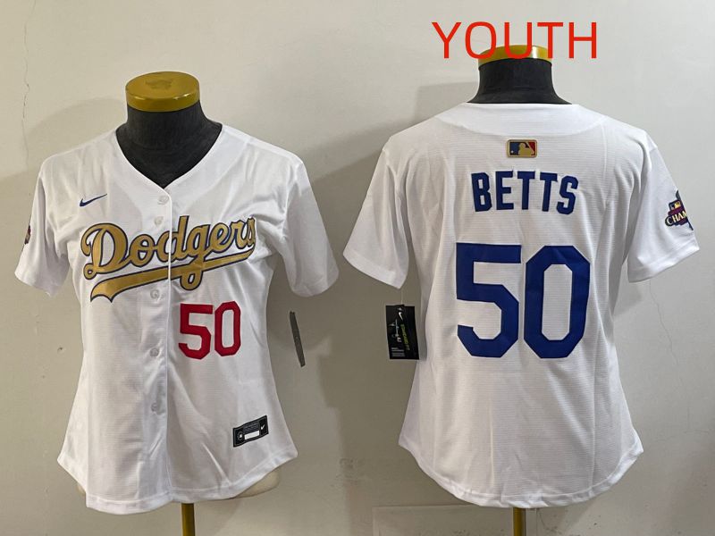 Youth Los Angeles Dodgers #50 Betts White Champion edition Nike MLB Jersey style 003